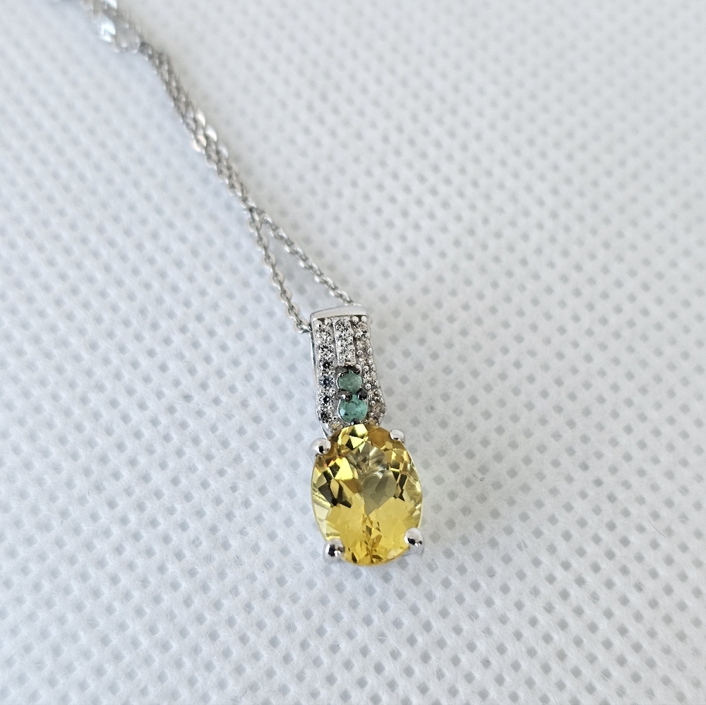 Natural Golden Beryl, Emerald & White Zircon Necklace Sterling Silver Platinum